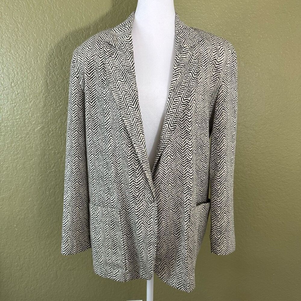 Vintage Claude Womens Size S Single Button Herringbone Blazer Jacket Black Cream